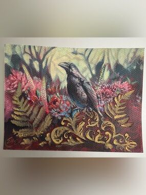 Original raven crow landscape painting floral nature art surreal fantasy artwork